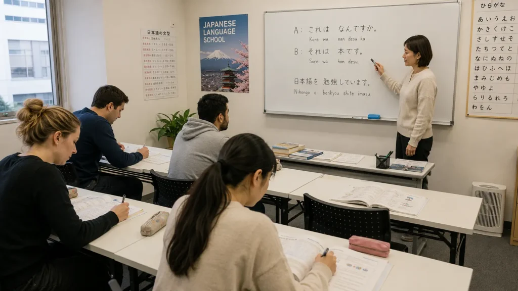 Estudantes estrangeiros estudando japonês em escola no Japão