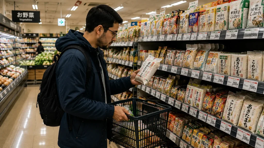 Estudante estrangeiro fazendo compras em supermercado no Japão