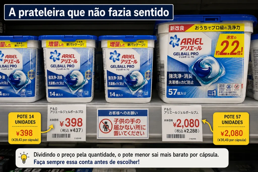 Comparação de preços do Ariel Gel Ball no Japão: 14 cápsulas por 398 ienes e 57 por 2.080 ienes